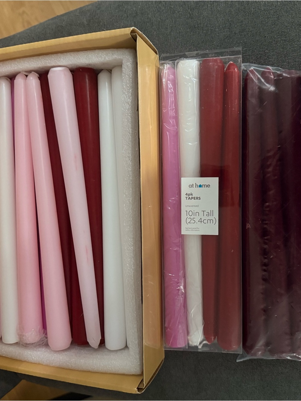At Home Pink, White & Red Taper Candles — Unscented Decorative Set